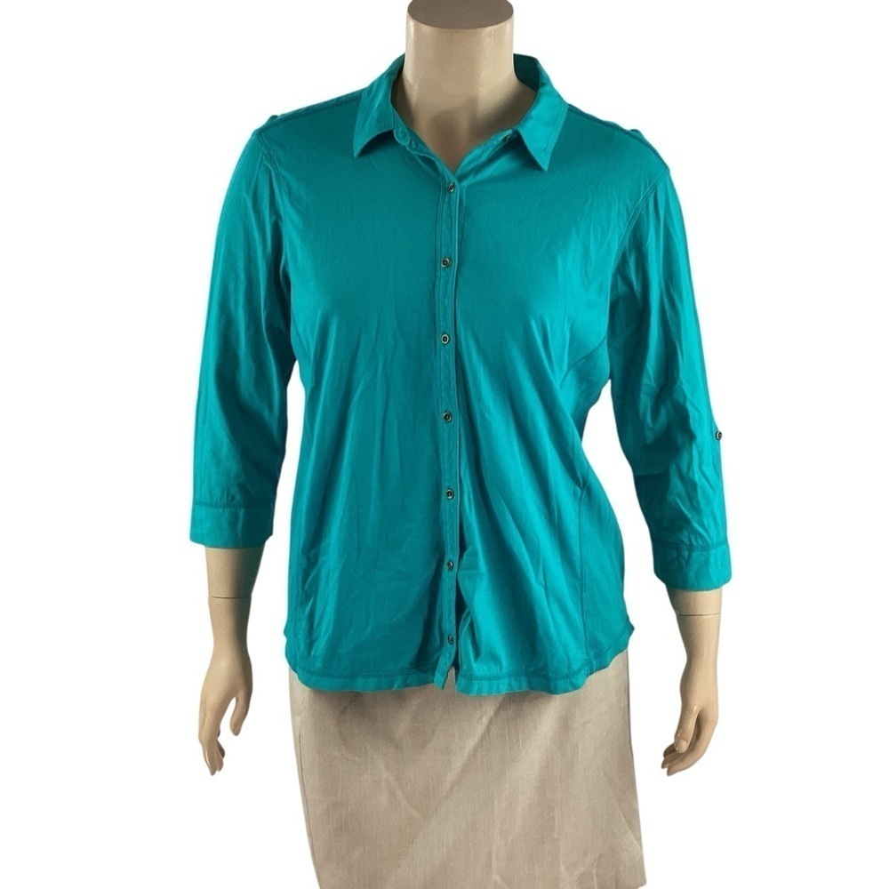 L.L. Bean Button Front 3/4 Sleeve Shirt Turquoise Blue XL